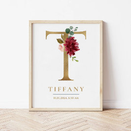 T Letter Monogram Naam Marsala Bloemenkwekerij Poster
