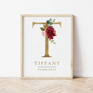 T Letter Monogram Naam Marsala Bloemenkwekerij Poster