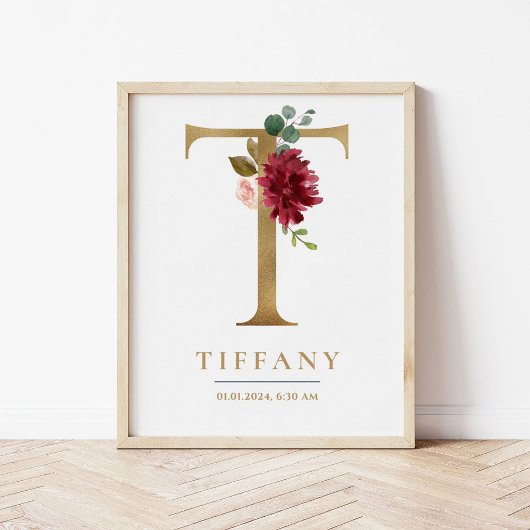 T Letter Monogram Naam Marsala Bloemenkwekerij Poster
