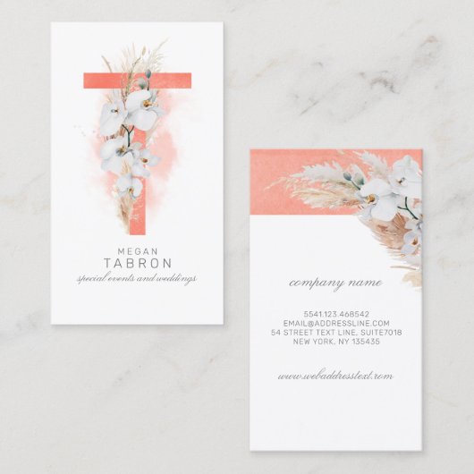 T Letter Monogram White Orchids and Pampas Grass Visitekaartje (Voorkant / Achterkant)