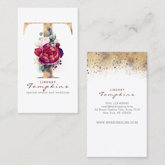 T Monogram Bourgondische rode bloemen en gouden gl Visitekaartje