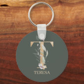 T Monogram Floral Aangepaste Sleutelhanger (Voorkant)