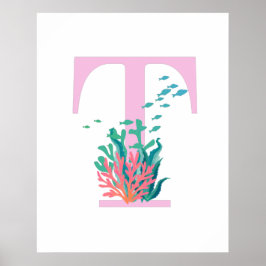 T Monogram Initiaal Monogram Roze Teal Oceaan Post Poster
