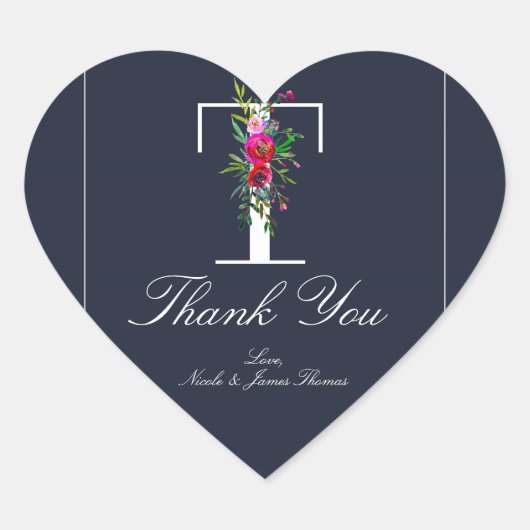 T Monogram Laatste Initiaal Modern Blauw Bloem Bru Hart Sticker (Voorkant)