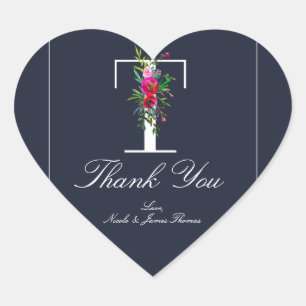 T Monogram Laatste Initiaal Modern Blauw Bloem Bru Hart Sticker