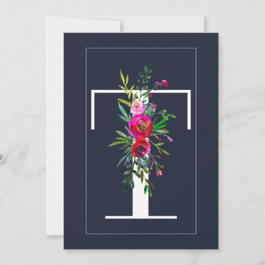 T Monogram Laatste Initiaal Modern Blue Floral Wed Kaart (Achterkant)