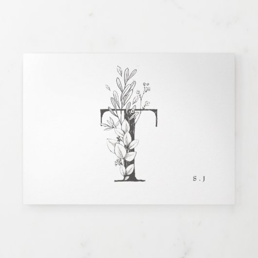 'T' Monogram mooi geborsteld Floral Wedding Drieluik Uitnodiging (Cover)