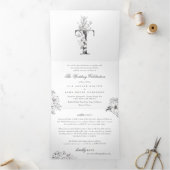 'T' Monogram mooi geborsteld Floral Wedding Drieluik Uitnodiging (Binnen)