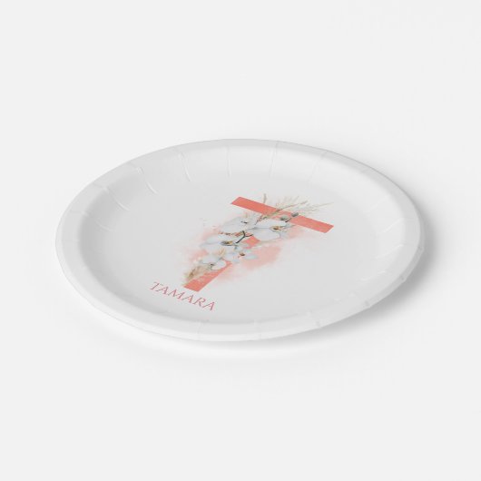 T Monogram naam Pampas gras witte orchideeën Papieren Bordje (Gekanteld)