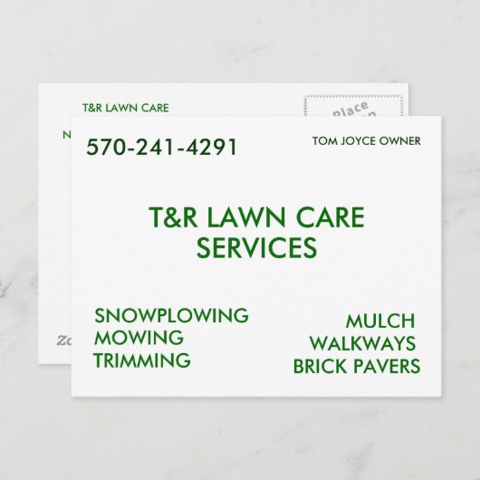 T&R LAWN CARE, SERVICES, SNOWPLOWING, MOWING, T... BRIEFKAART (Voorkant / Achterkant)