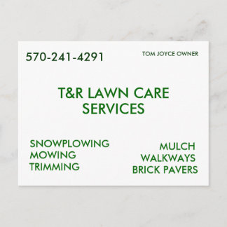 T&R LAWN CARE, SERVICES, SNOWPLOWING, MOWING, T... BRIEFKAART
