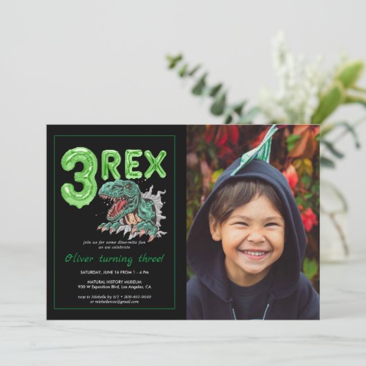 T-Rex "3 Rex" | Foto Dinosaur Birthday (Staand voorkant)