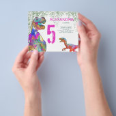 T Rex 5th Birthday Party Budget Uitnodiging Roze Flyer (Hand)