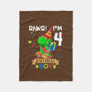 T rex Boy 4 Year Old 4th Birthday Boy Party Raw Fleece Deken