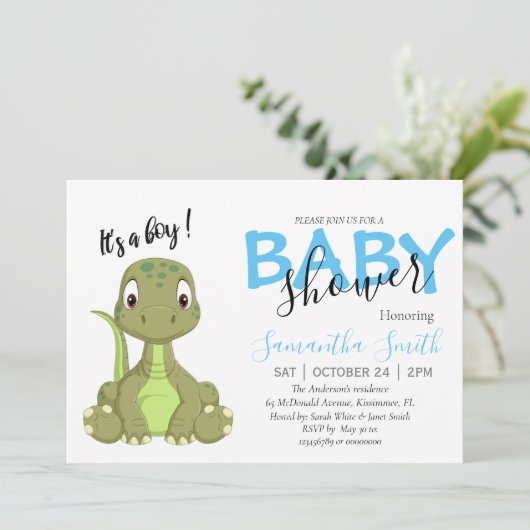 T rex boy baby shower aankondiging (Staand voorkant)