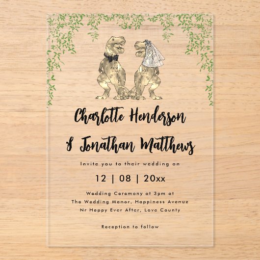 T-Rex Bride & Groom Dinosaur Theme Wedding  Acryl Uitnodigingen (Voorkant)