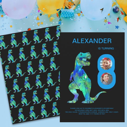 T-Rex Dino Boys 8e Verjaardag Party Custom foto Kaart