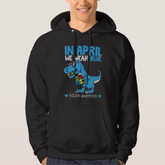 T Rex Dino in april Draag blauwe autisme Hoodie (Voorkant)