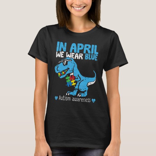 T Rex Dino in april Draag blauwe autisme T-shirt (Voorkant)
