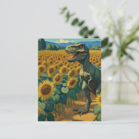 T-Rex Dino in het Zonnebloemveld Van Gogh Briefkaart (Staand voorkant)
