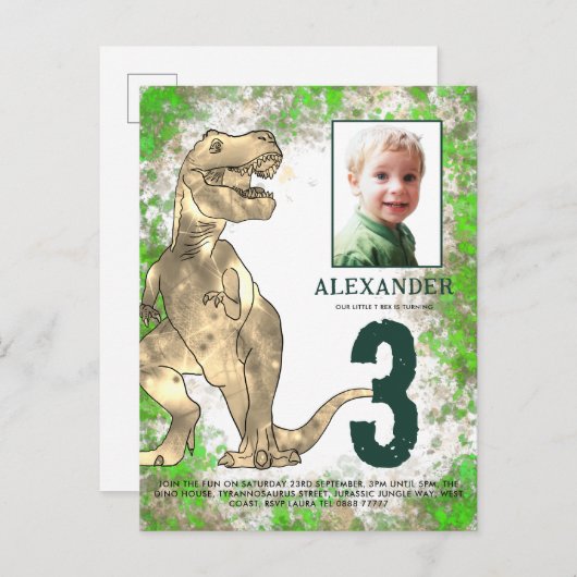 T Rex Dino Oerwoud 3rd Birthday Party Uitnodiging Briefkaart (Voorkant / Achterkant)