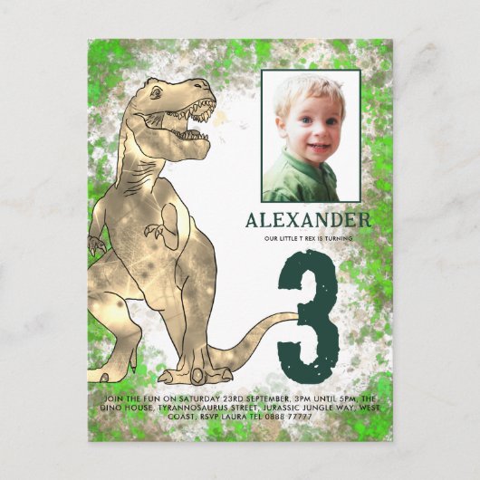 T Rex Dino Oerwoud 3rd Birthday Party Uitnodiging Briefkaart (Voorkant)