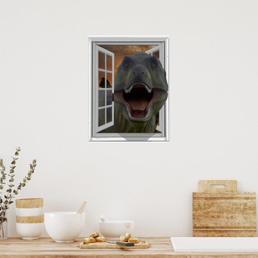 T-Rex Dinosaur 3D Afbeelding Effect Fake Window Poster (Keuken)