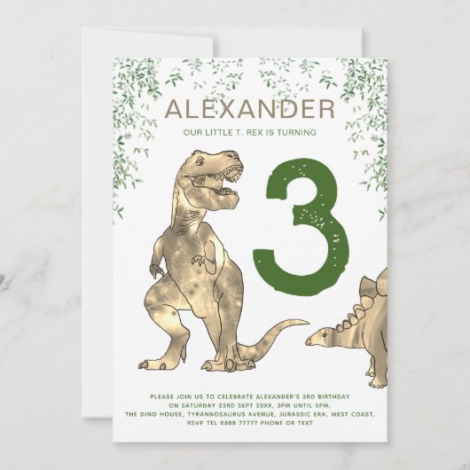 T-Rex Dinosaur 3e verjaardagsfeestje Kaart (Voorkant)