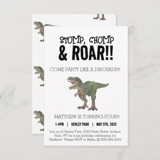 T-Rex Dinosaur 4e verjaardag Uitnodiging (Voorkant / Achterkant)