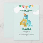 T-Rex Dinosaur 4e Verjaardag Uitnodiging Kinder Pa (Voorkant / Achterkant)