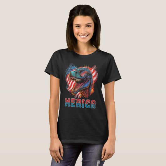 T Rex Dinosaur 4th of July American Flag USA Ameri T-shirt (Voorkant volledig)