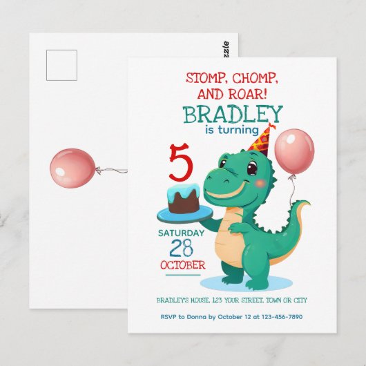 T Rex Dinosaur 5th Birthday Party Invitation Briefkaart (Voorkant / Achterkant)