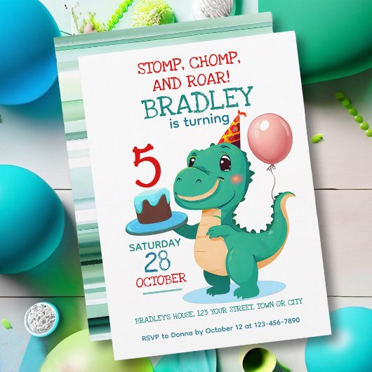 T Rex Dinosaur 5th Birthday Party Invitation Kaart