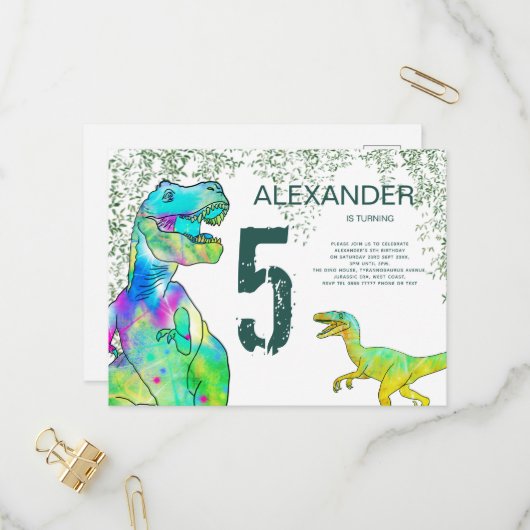T Rex Dinosaur 5th Birthday Party Invitation Uitnodiging Briefkaart (Voorkant / Achterkant in situ)