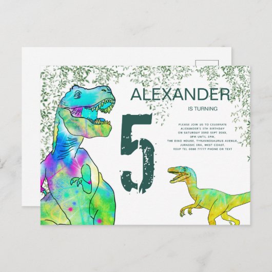 T Rex Dinosaur 5th Birthday Party Invitation Uitnodiging Briefkaart (Voorkant / Achterkant)