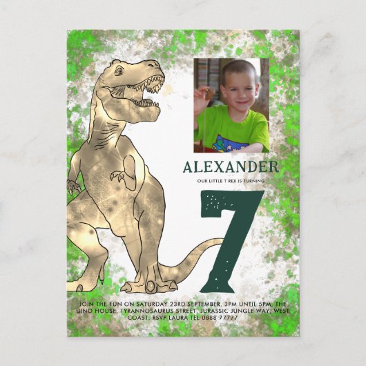 T-Rex Dinosaur 7e Verjaardag Party Budget Uitnodiging Briefkaart (Voorkant)