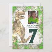 T-Rex Dinosaur 7e Verjaardag Party Foto Kaart (Voorkant)