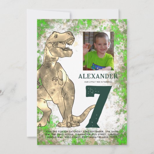 T-Rex Dinosaur 7e Verjaardag Party Foto Kaart (Voorkant)