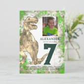 T-Rex Dinosaur 7e Verjaardag Party Foto Kaart (Staand voorkant)