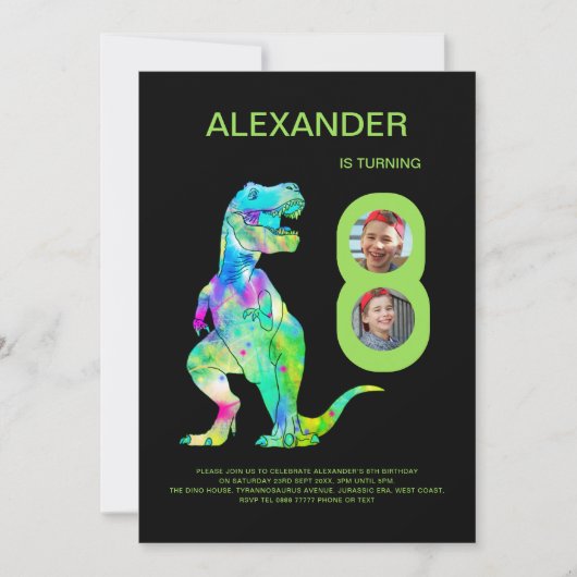 T-Rex Dinosaur 8e Verjaardagsfeest Aangepaste foto Kaart (Voorkant)
