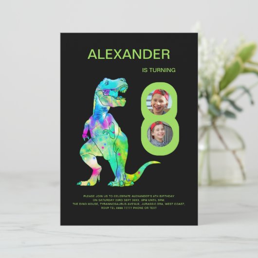 T-Rex Dinosaur 8e Verjaardagsfeest Aangepaste foto Kaart (Staand voorkant)