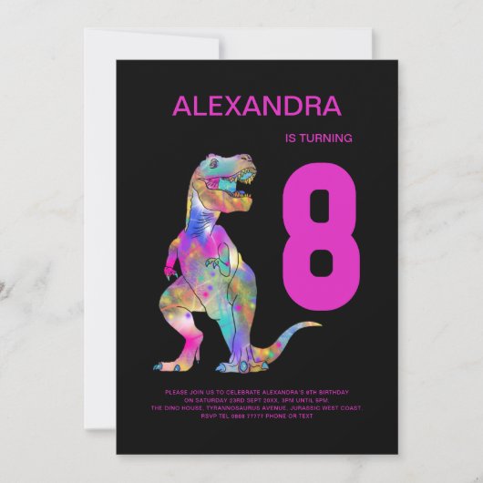 T-Rex Dinosaur 8e Verjaardagsfeest Roze Kaart (Voorkant)