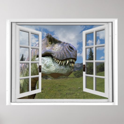 T-Rex Dinosaur Afbeelding Uitzicht Fake Window Poster (Voorkant)
