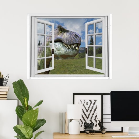 T-Rex Dinosaur Afbeelding Uitzicht Fake Window Poster (Thuiskantoor)