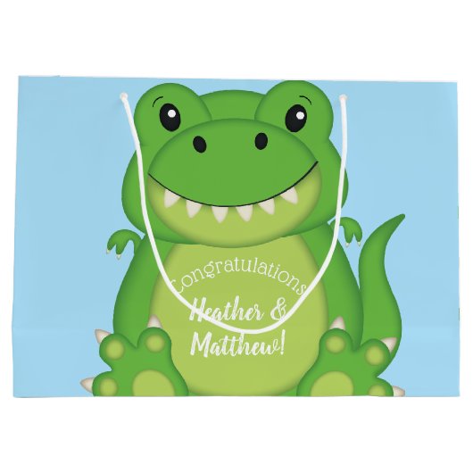 T-Rex Dinosaur Baby shower Blue Groot Cadeauzakje (Achterkant)