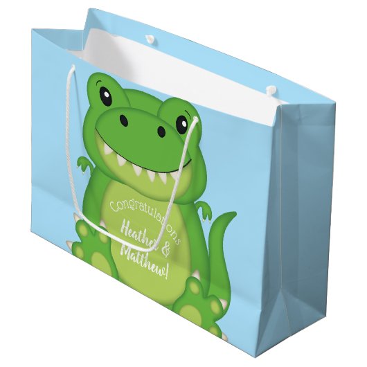 T-Rex Dinosaur Baby shower Blue Groot Cadeauzakje (Voorkant Gekanteld)