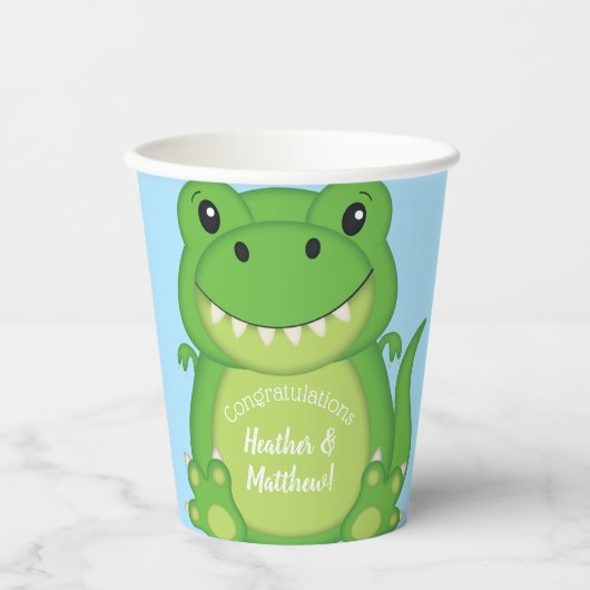 T-Rex Dinosaur Baby shower Blue Papieren Bekers (Voorkant)