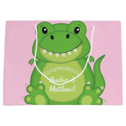 T-Rex Dinosaur Baby shower Roze Groot Cadeauzakje (Voorkant)