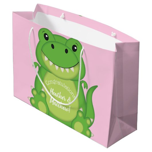 T-Rex Dinosaur Baby shower Roze Groot Cadeauzakje (Achterkant Gekanteld)