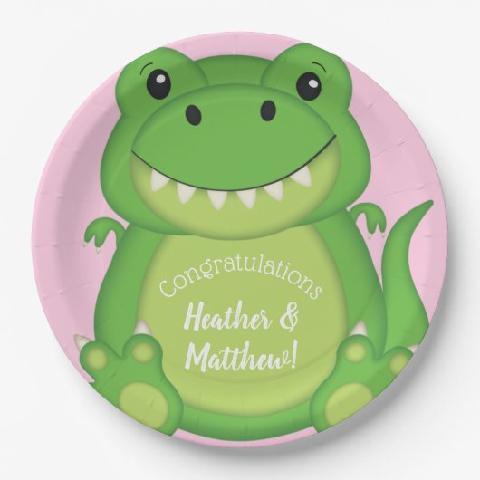 T-Rex Dinosaur Baby shower Roze Papieren Bordje (Voorkant)
